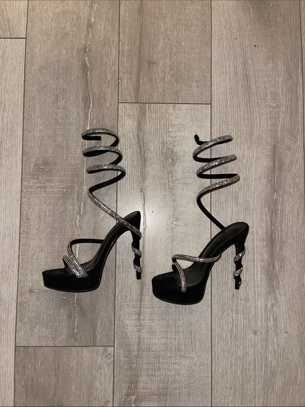 Black Spiral Wrap Platform Heels with Rhinestone Straps size 6- never worn!